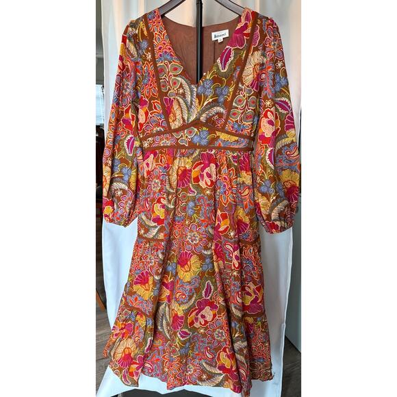 Brown Floral Midi Dress Boho Chic Style Peasant Tiered Midi Dress Womens Large - Picture 4 of 8